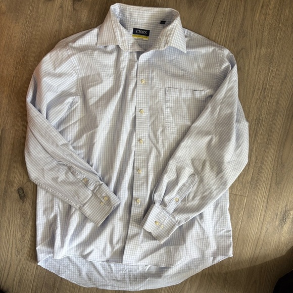 Chaps Mens 17 Button-Down Shirt Blue White Checkered Stretch Wrinkle Free Preppy - Picture 5 of 9